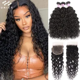 Closure Unice Hair Water Wave Human Hair 2/3 Bundles With Closure Mongolian Remy 3 Bundles With Closure Natural Color 826inch