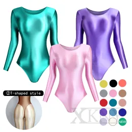 Suits XCKNY satin glossy One piece tights smooth Tshaped high fork long sleeve swimsuit Yoga sportswear solid color gymnastic suit