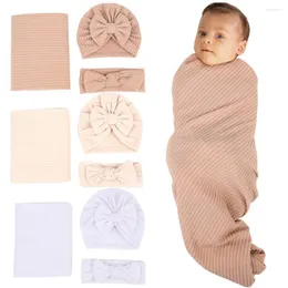 Cobertores Bebê Cobertor Nascido Envoltório Waffle Knit Swaddle Headband Bow Tuban Hat Set Recving para Bebês Chuveiro Coisas