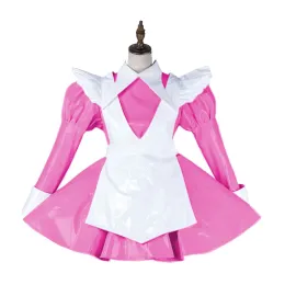 Sexy sissy vestido pvc manga longa roupa de empregada francesa turndown colarinho cosplay traje brilhante lolita vestidos crossdresser 7xl