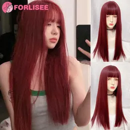 Synthetic Wigs FORLISEE Synthetic Rose Wine Red Long Straight Hair With Bangs Wig Matte High-temperature Silk Breathable And Natural In Summer 240328 240327