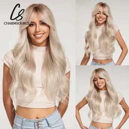 Synthetic Wigs CharmSource Blonde Wavy Wig with Bangs Party Dresses for Women Natural Synthetic Hair Daily Cosplay Heat Resistant Fiber Wig 240328 240327