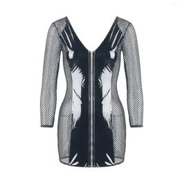 Vestidos casuais mulheres pvc malha falso couro collant brilhante zíper bodycon vestido traje macacão