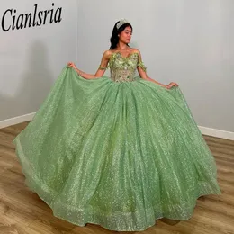 Mint Green Quinceanera Dresses Appliques Long Train Flower Sweet 15 16 Years Birthday Party Pageant Miss Gala Custom Made