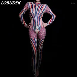 Scen Wear Colorful Rands Rhinestones Jumpsuit Crystals Elastic Transparenta Leggings Sexig Women Singer Dance Costume