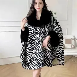 Jaquetas femininas 2024 outono/inverno pelúcia grossa manga gola de pele capa comprimento médio xale leopardo impressão high-end mulheres casaco retro outerwear