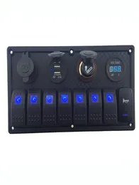 Painel de interruptor led azul marinho, 8 gangues, com tomada de energia dupla, interruptor de chifre de isqueiro e 42a usb, voltímetro3010803