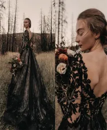 Gotik Tam Siyah Uzun Gelinlik Bir Çizgi Uzun Kollu V Boyun Mahkemesi Tren Vintage Gelin Gowns 2021 Artı Beden Düğün Wear7874350