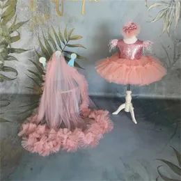 Girl Dresses Pink Flower O Neck Tulle Sequined Top Tutu Gown Baby Birthday Party With Detachable Train 12M 18M 24M