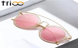 Trioo óculos de sol feminino, armação transparente com estojo rosa lente redonda gafas de sol mujer verão moda marca designer de metal óculos de sol 6408526