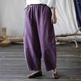 Kadın pantolonları johnature kadınlar vintage ramie geniş bacak elastik bel gevşek bahar pantolon 2024 Patchwork cepler gündelik
