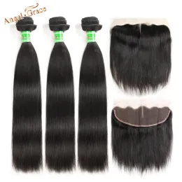 Stängning Angel Grace Hair Indian Straight Hair 3 Bunds With Ear to Ear Frontal 100% Remy Hume Hair Bundles With Lace Closure Frontal