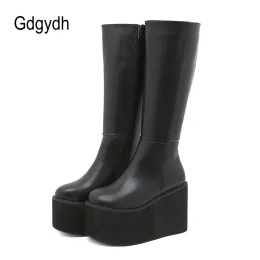 Boots Gdgydh Matte Black Knee High Boots Women Platform Wedges High Heels Thick Bottom Ladies INS Hot Winter Fashion Elegant Drop Ship