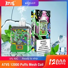 ATVS 군함 100% 원래 E 담배 12000puffs 12K 일회용 vape 퍼프 650mAh 메쉬 코일 충전식 Drisposbale Vapes Ship