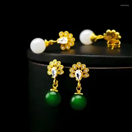 Studörhängen Fashion Earring for Women 14k Gold Plated Green Emerald Stone Luxury Zircon Gemstone Jade Ear Jewelry Gift Female