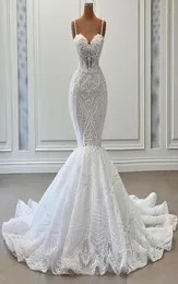 Sexy Pearls syrena sukienki ślubne koronkowe aplikacje spaghetti Strapy ślubne suknia ślubna