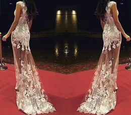 Oscar Sheer Celebrity Dresses Mermaid See Through Long Little Train Scoop Cap Sleeve Prom Dress Red Carpet 2015 Sexig Evening Dress6396186