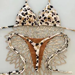 Costumi da bagno da donna 2 pezzi / set Set bikini sexy da donna con stampa leopardata Reggiseno all'americana a vita alta Perizoma con lacci Costume da bagno estivo Beachwear