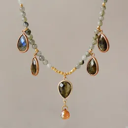 Latest Natural Stones Labradorite Teardrop Pendant Necklace Women Exquisite Gemstones Charm Beaded Choker OL Jewelry 240311