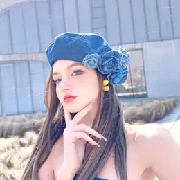 Berets contrastante cor flor boina vintage na moda denim bonés japonês tecido artista pintor boné elegante azul camélia octogonal chapéus