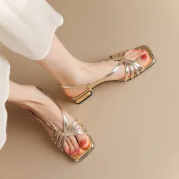 Sandaler Gladiator Gold Leather Women Flats Sandaler Silver Chic smal Band Summer Shoes Slingback Casual Sandalias Femininos Retro