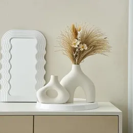 2 pçs vaso de cerâmica fosco estilo nórdico vaso branco luz luxo vaso moderno escritório em casa ornamentos sala estar decoração 240306