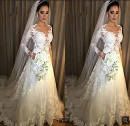 Vestido de noiva 2021白いレースウェディングドレスアラインサウジアラビアの長袖ウェディングドレス