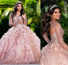 2023 Ballkleid Quinceanera Kleider Brautkleider Erröten Rosa Funkelnde Pailletten Kristallperlen Illusion Korsett Rücken Lange Ärmel Süß 5206723