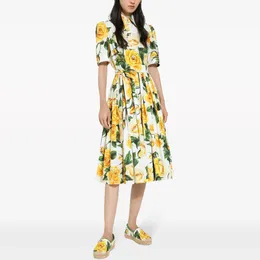 European fashion brand cotton yellow floral printed laple neck short sleeve gathered waist midi dress