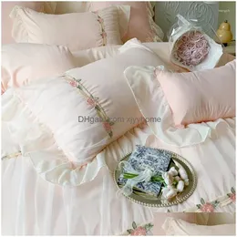 Bedding Sets Pink French Princess Romantic Pleat Lace Ruffles Set Soft Cozy Korean Girls Duvet Er Bed Sheet Pillowcase Drop Delivery H Dhluj