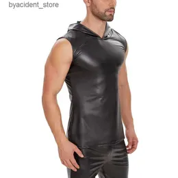 Men's Tank Tops S-7XL Sexy Mens PU Faux Leather Summer Rock Punk Sleeveless Vest Solid Black Hooded Tee Shirt Vests Tanks Tee Tops Clothing L240320