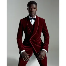 スーツSzmanlizi Tailor Made Burgundy Velvet Men Suits Slim Fit 3 Pieces Foe Men Groom Prom Party Tuxedo Blazer Vest Pant