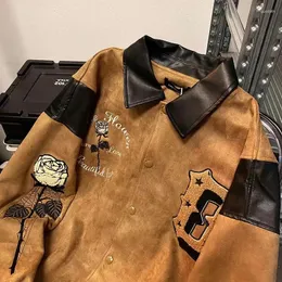Мужские куртки Ретро Кожаная бейсбольная куртка с вышивкой розы Весенне-осенний дизайн Harajuku Ниша Хип-хоп Уличная свободная куртка-пилот
