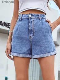 Shorts femininos benuynffy sólido cintura alta em linha reta jean shorts feminino 2024 verão casual streetwear senhoras bolso rolado hem denim shortsc243128