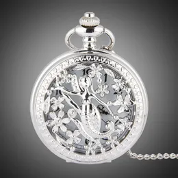 TFO Pocket Watch Silver Hollow Petals Surround Dancing Mermaid Design Pendant Ladies Fashion Gift Necklace298y