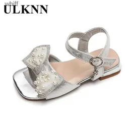 Sandals Girls Silver Sandals Summer Childrens Pink Princess Shoes 2023 New Crystal Bows Kids Performance High Heels Glitter Shoesc24318