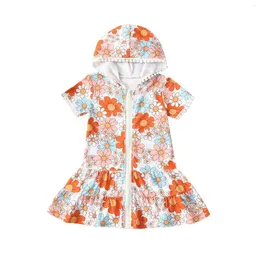 Vestidos da menina crianças bebê meninas vestido maiô cobrir verão floral com capuz manga curta praia rash guards para criança maiô