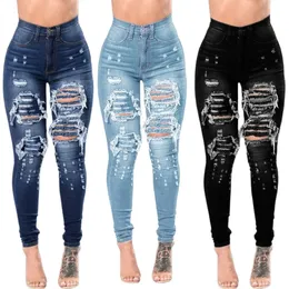 Mulheres cintura alta rasgado jeans moda elástica magro hip elevador denim lápis calças casuais femininas s3xl navio da gota 240311