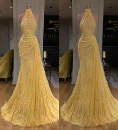 Popular Good Quality Glitter Mermaid Evening Dresses Sexy Highneck Sleeveless Sequins Feather Prom Dress Sweep Train Special Occa5024283