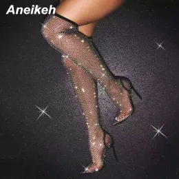 Сапоги Aneikeh Sexy Bling Afinestone Mesh Shoes на коленях.