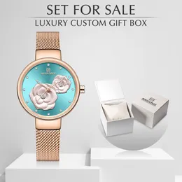Novo naviforce ouro rosa relógios femininos vestido relógio de quartzo senhoras com caixa luxo feminino relógio de pulso menina conjunto para 198u