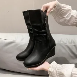 Boots Boots Woman Winter 2023 Mid Calf Wedge Heel Platform Shoes Black Plus Size Snow Female Winter Short Boot Elegant Comfortable Hit