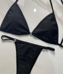 Trendiges Metallketten-Bikini-Set, solide schwarze Farbe, Buchstaben-Bademode, Sommer-Strandmode mit Etiketten für Damen, Geschenk9289456