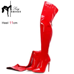 Stiefel 11 cm elastische Oberschenkelstiefel sexy Stiletto High Heels Frauen OvertheKnee Stiefel spitzte Zehen Stripper Damenschuhe Pole Dancing Stiefel