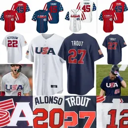 2023 Anpassad S-4XL Team USA Baseball Jersey Trump Mike Trout Trea Turner Adam Ottavino Mookie Betts Nolan Arenado Kyle Schwarber Kyle Tucker Pete Alonso J. Jerseys