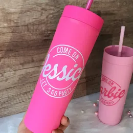 Lets Go Party Tumbler med halm Anpassa namn Pink Barb Cup 16oz BPA gratis akrylgummi söta vattenflaskor för flickor 240306