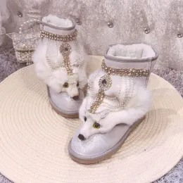 Botas femininas de couro genuíno real rox shors shornos de cristal botas de tornozelo quente de inverno neve sapatos diy natal presente garotas 2023