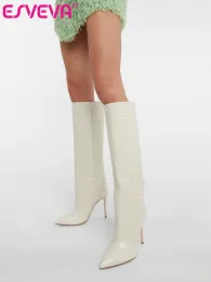 Stövlar esveva 2023 Kvinnor Knehigh Boots Microfiber Thin High Heel Pointed Toe Slip på Platform Casual Long Shoes Woman Size 3543