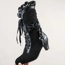 부츠 브랜드 새로운 큰 크기 43 달콤한 Bowknot Ruffles High Heels Shoelace Gothic Lolita Style Mid Calf Boots Laceup Black Women Shoes