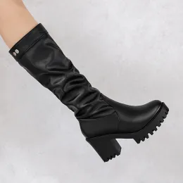 Boots Platform Chunky High Heeled Women Knee High Boots Fashion Cool Round Toe Pleated Heeled Boots Gothic Uniform Dress Shoes White